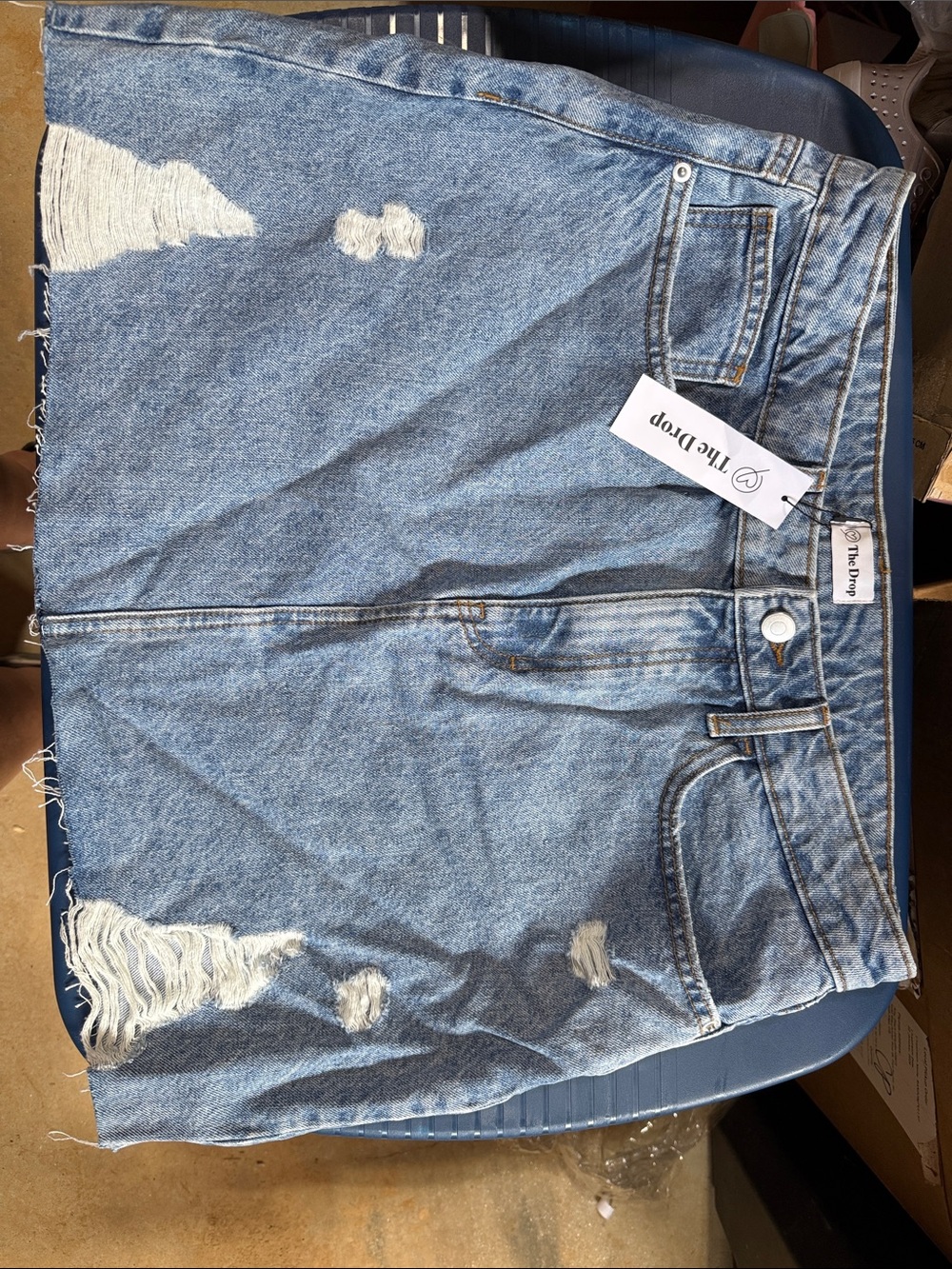 The Drop Women's Light Blue Distressed Denim Midi Skirt